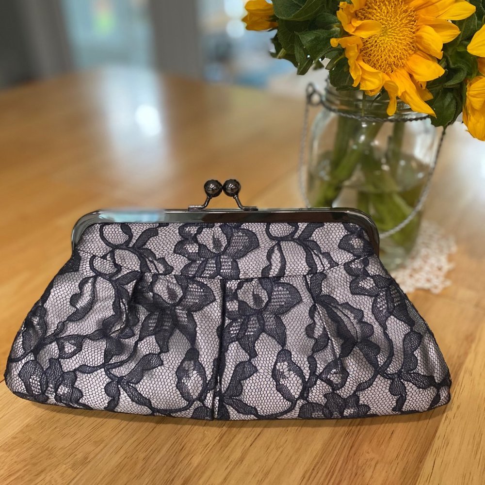 Gray Silk Clutch with Navy Lace